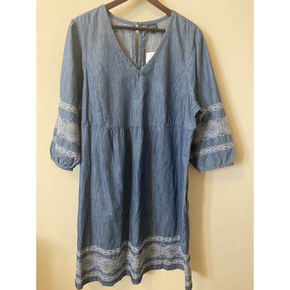 J. Jill Denim Women's Medium Embroidered Peasant Dress Blue NEW - Picture 2 of 7